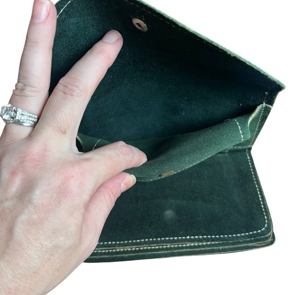 VTG 70s Leather Folding Wallet Suede Checkbook Top Grain Cowhide Green USA Made - Picture 9 of 11